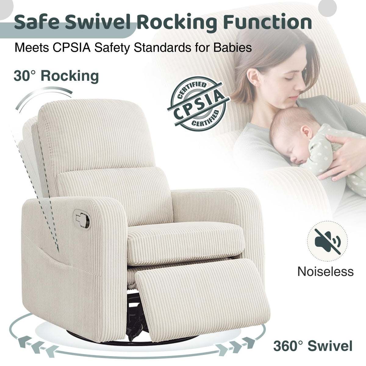 Oversized Corduroy Swivel Rocker Recliner Chair F717
