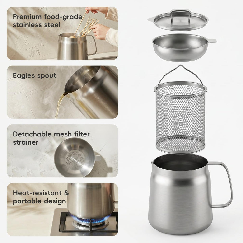 2L 304 Stainless Steel Deep Fryer Pot with Basket, Strainer & Lid H133