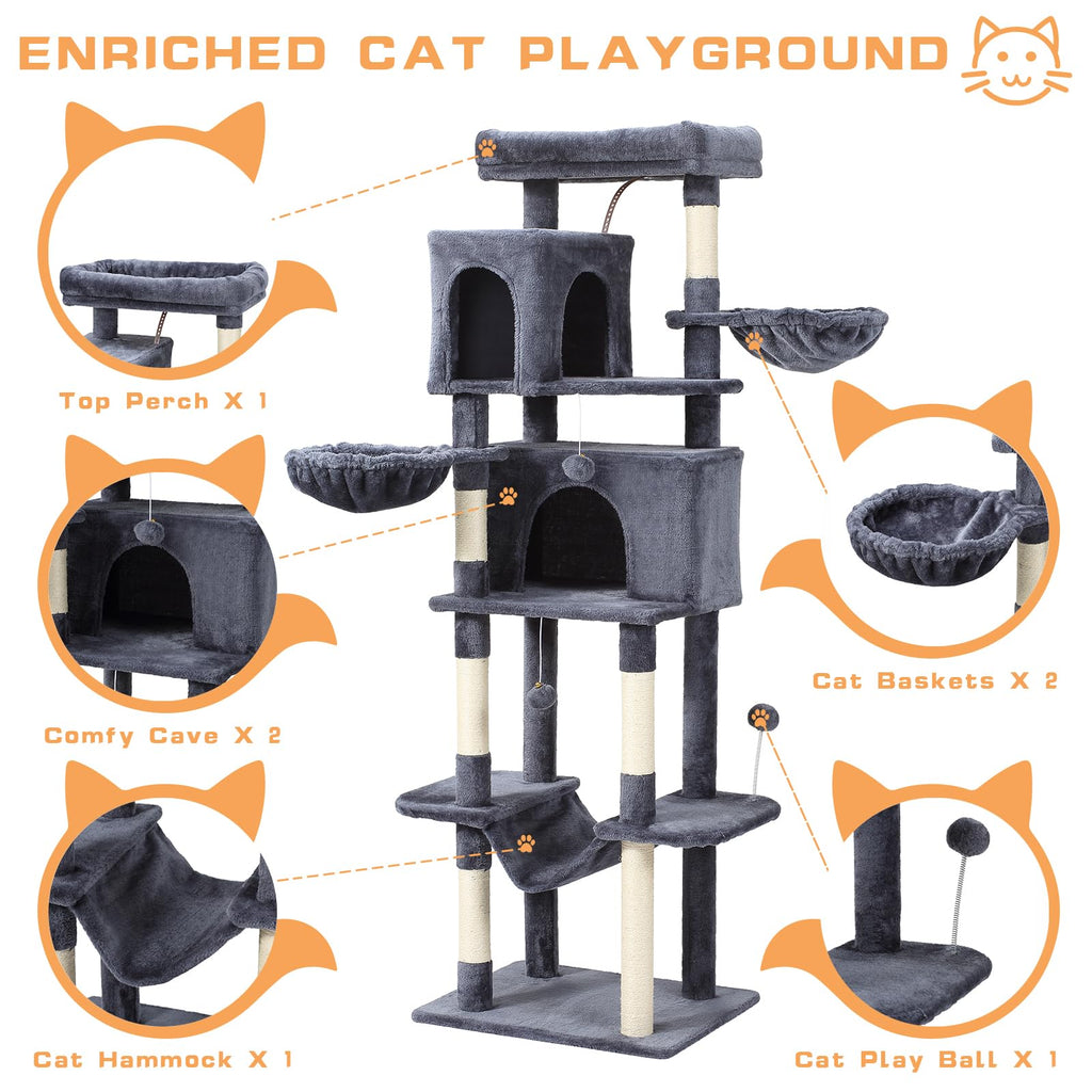 70-Inch Large Cat Tree Tower with Hammock, Scratching Post, Condo, Dark Gray A1728