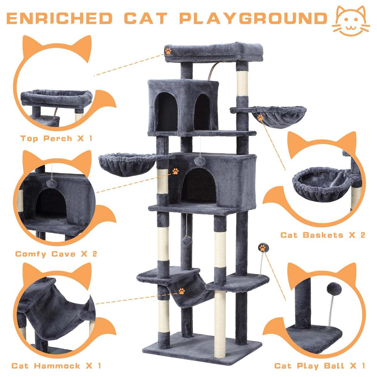 70-Inch Large Cat Tree Tower with Hammock, Scratching Post, Condo, Dark Gray A1728