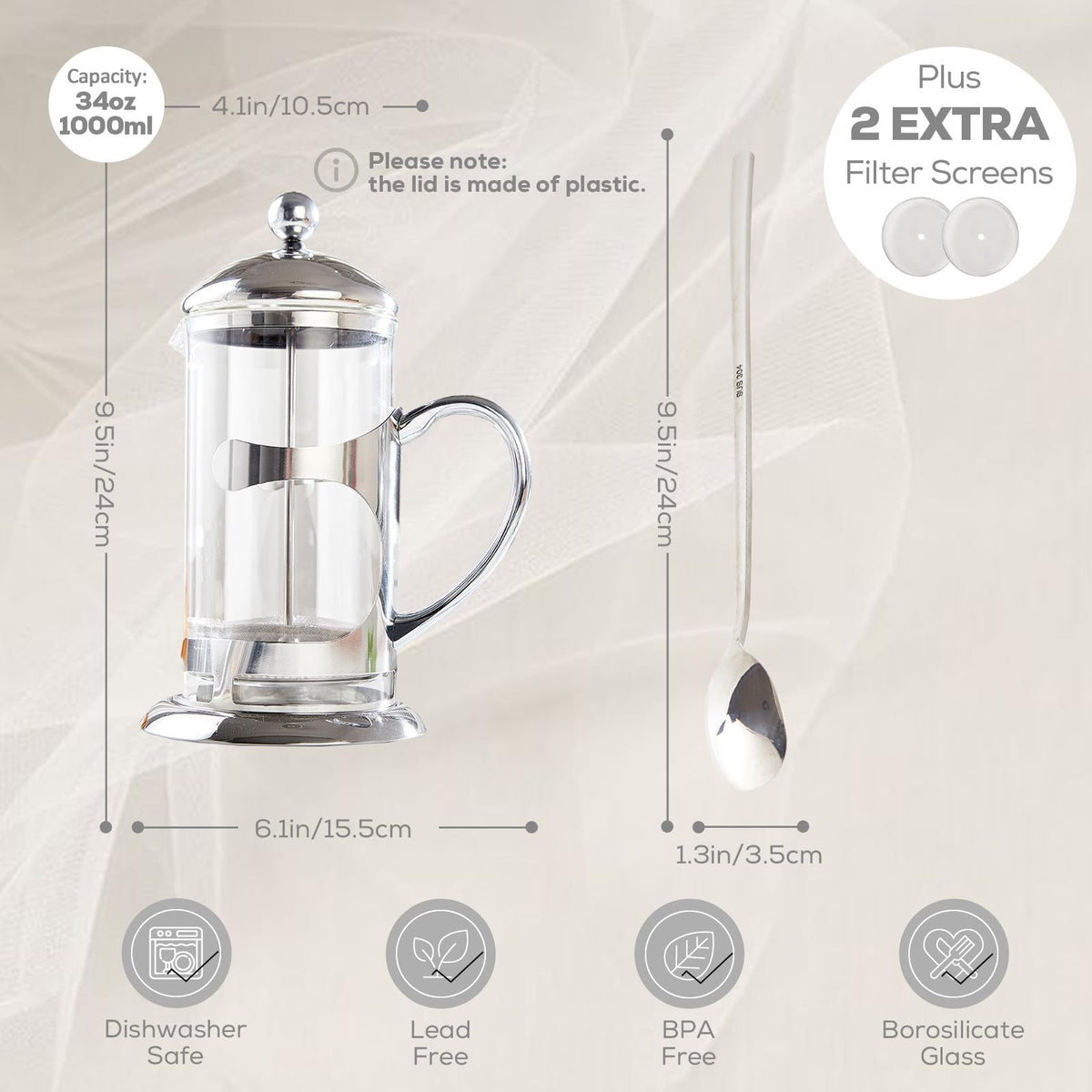 Silver 34oz French Press Coffee Maker with 4-Level Filter System X644