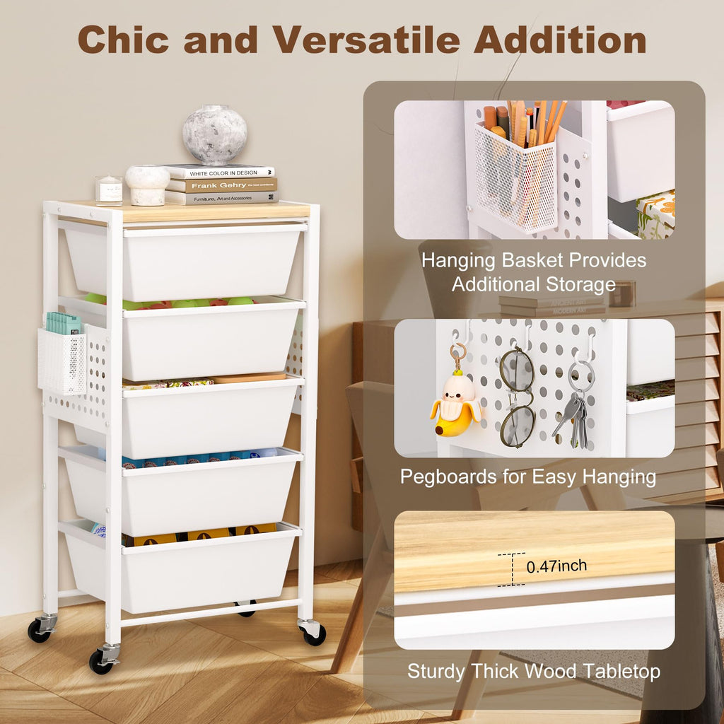 Rolling Storage Cart with 5 Plastic Drawers and Wooden Tabletop E919