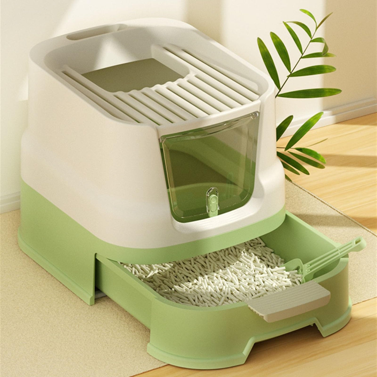 Cat Litter Box with Lid, Top Entry with Scoop, Enclosed Plastic with Drawer B2161