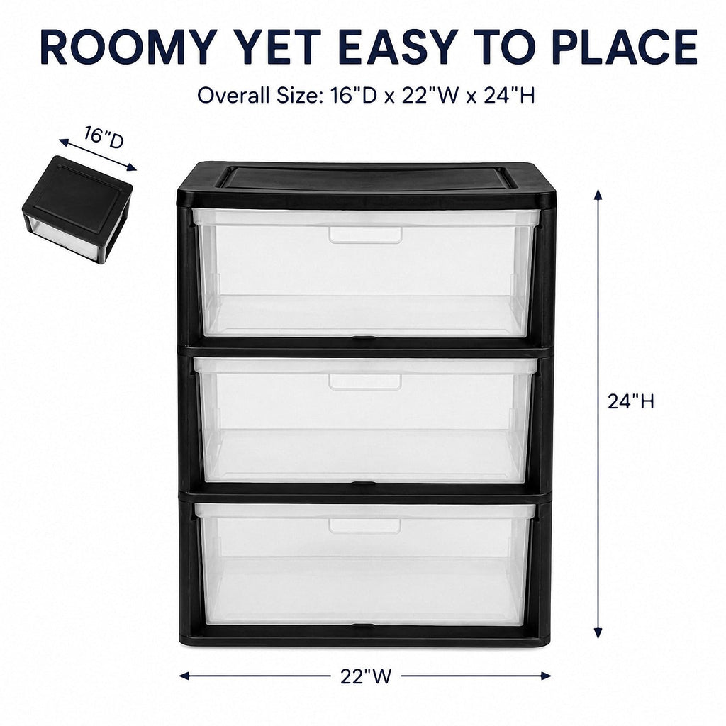 Black 3 Drawer Plastic Storage Tower X3900