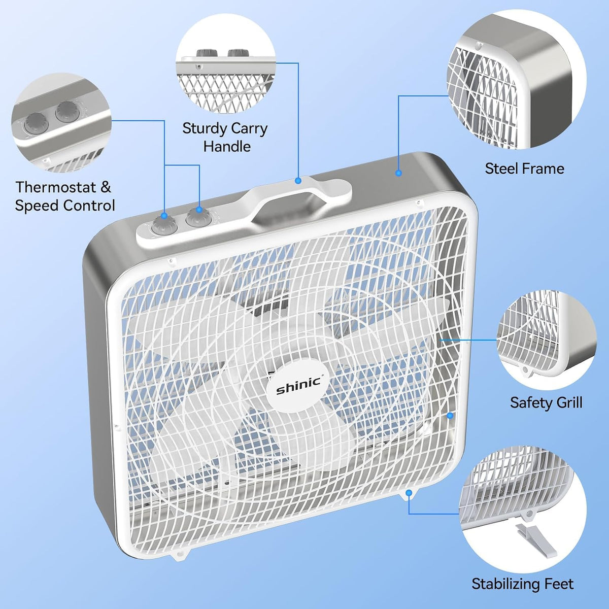 20” Box Fan with Thermostat, 3-Speed Portable Floor Fan, White O7271