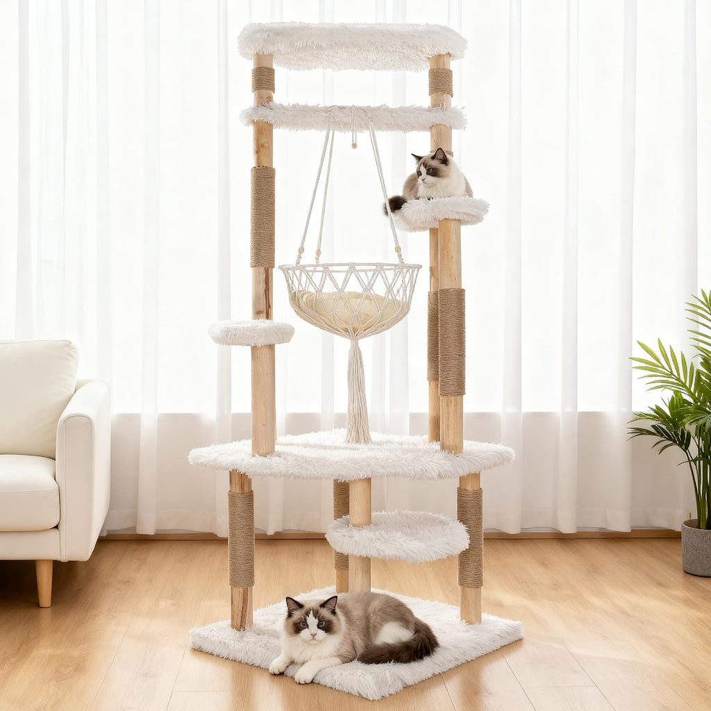 70" Tall Natural Solid Wooden Cat Tree Tower with Scratch Posts M978