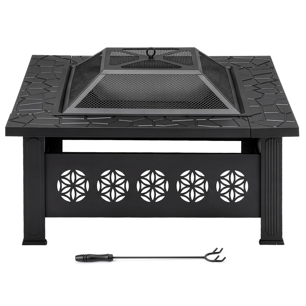 32 Inch Square Wood Burning Fire Pit Table with Spark Screen Lid and Fire Poker Y24733