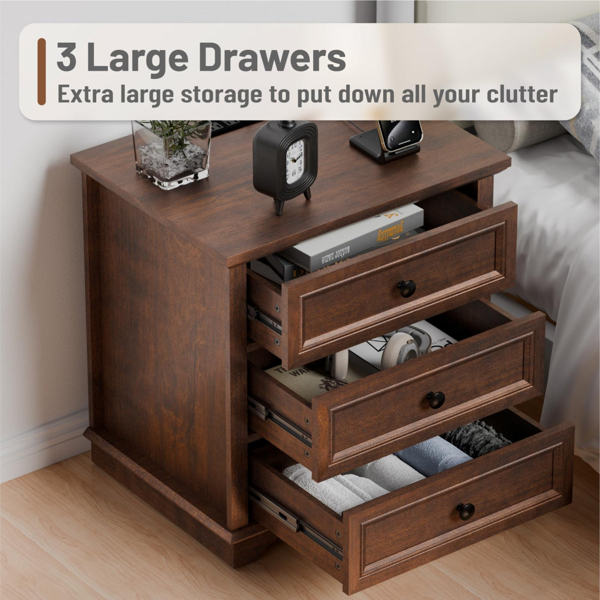 Cherry 3 Drawer Wood Nightstand with Charging Station K627