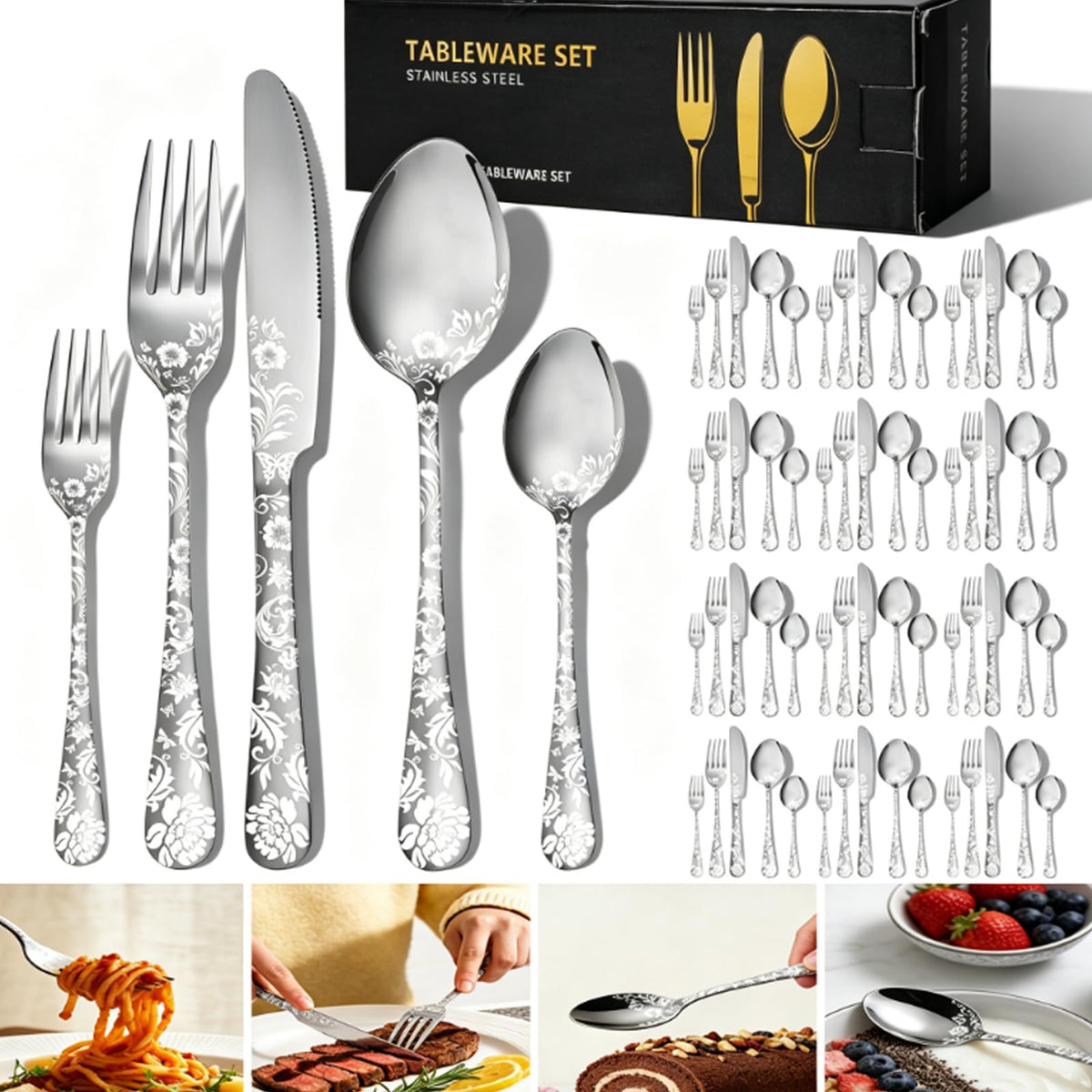 60 Piece Floral Stainless Steel Silverware Set P8741