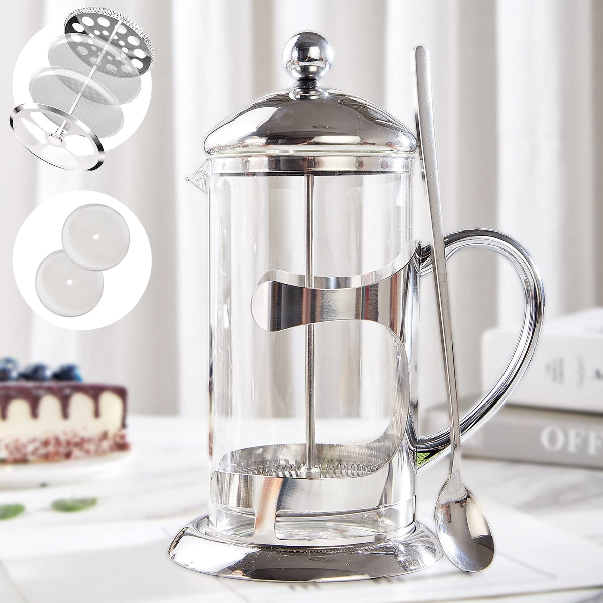 Silver 34oz French Press Coffee Maker with 4-Level Filter System X644