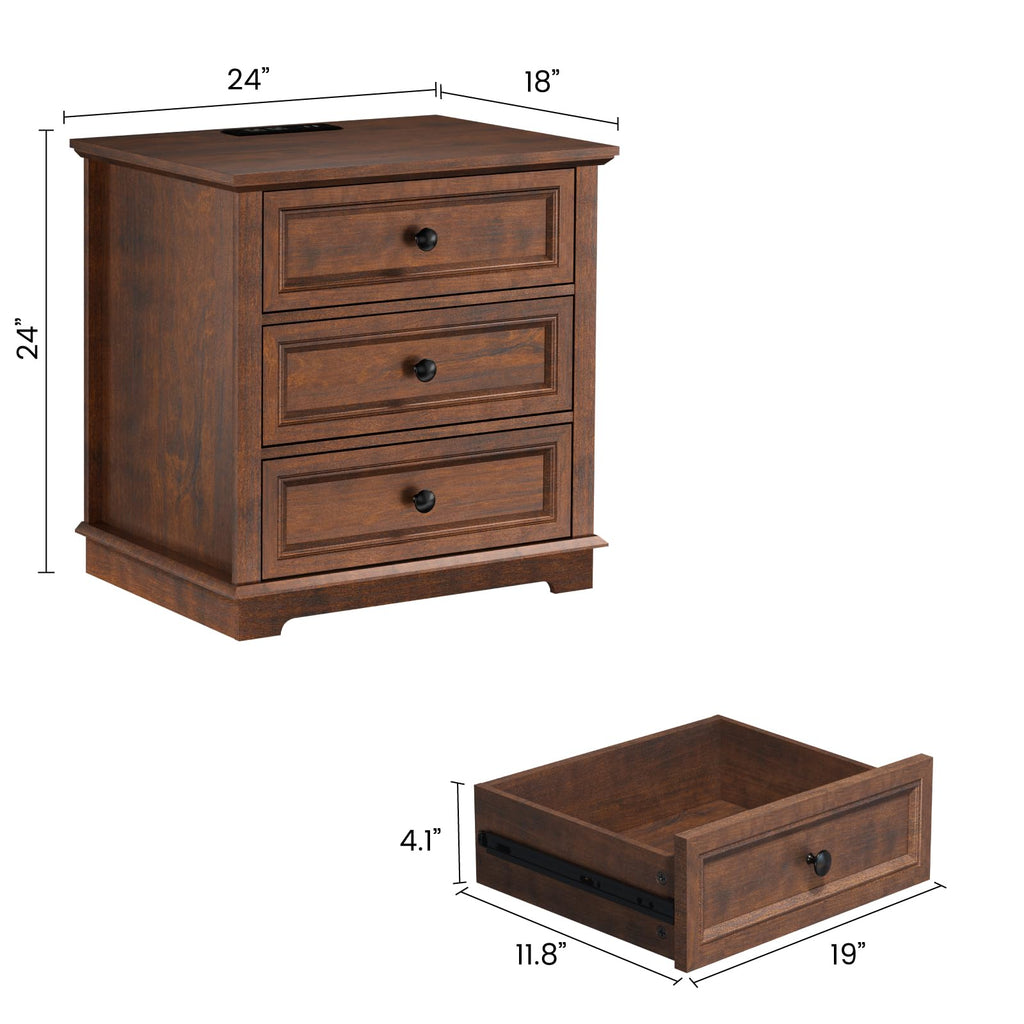 Cherry 3 Drawer Wood Nightstand with Charging Station K627