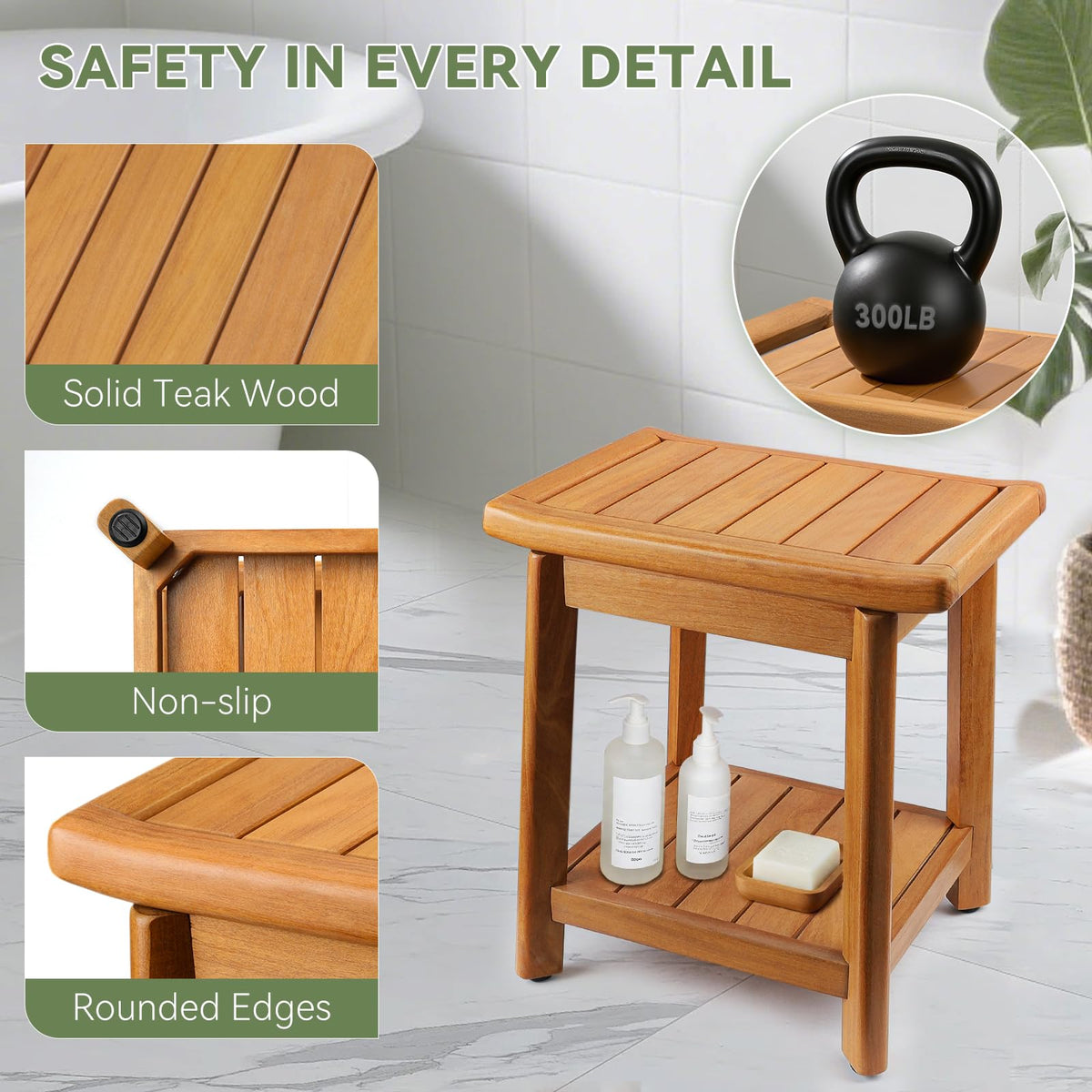 Teak Shower Bench with Towel Bars & Storage Shelf J492