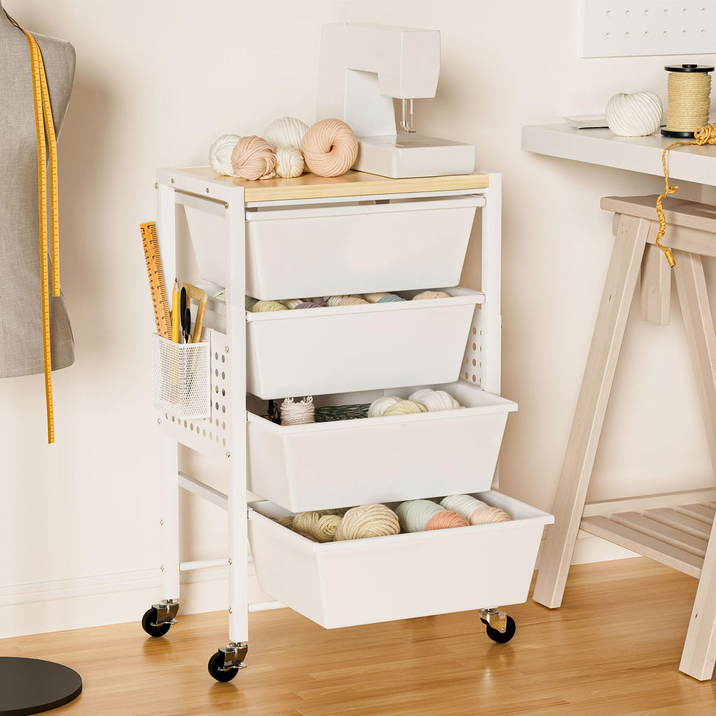 Rolling Storage Cart with 5 Plastic Drawers and Wooden Tabletop E919