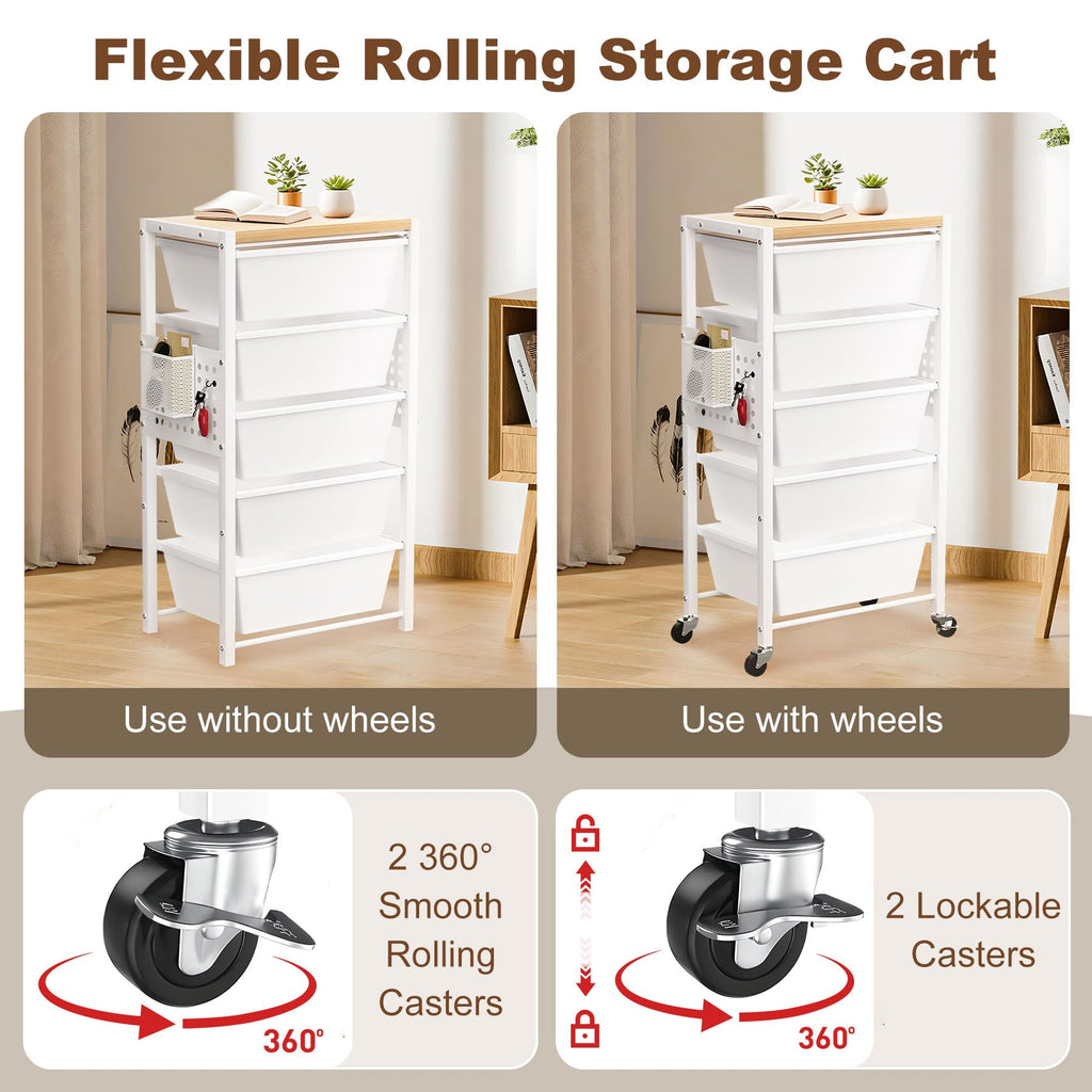 Rolling Storage Cart with 5 Plastic Drawers and Wooden Tabletop E919