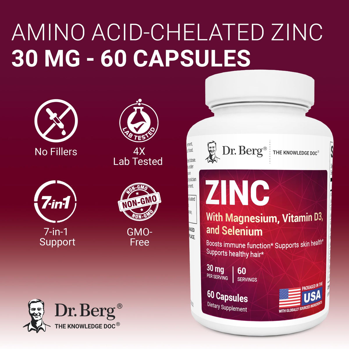 Zinc 30 mg 60 Capsules Chelated with Vitamin D & Selenium H35078