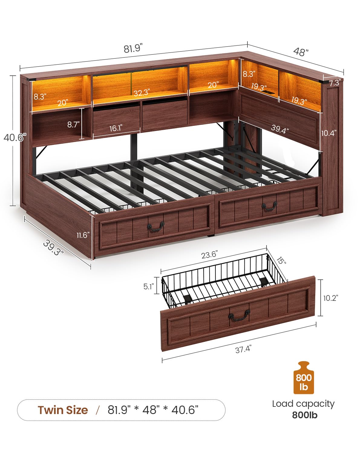Twin Corner Bed Frame with Storage Drawers and Bookcase U644276