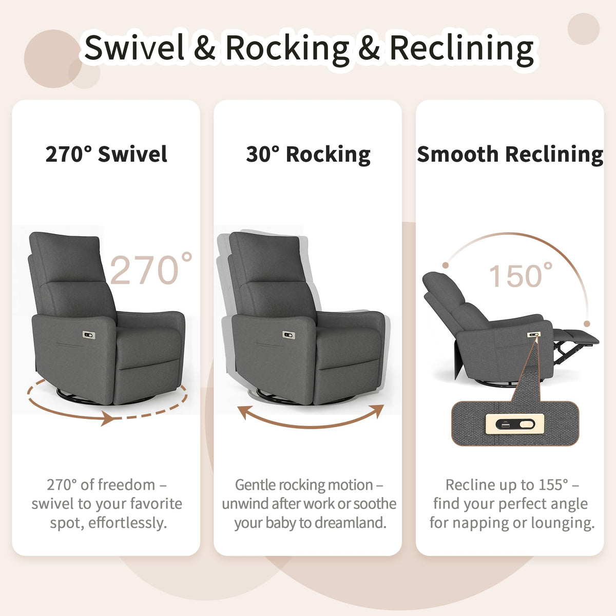 Dark Gray Velvet Swivel Rocker Chair P501626