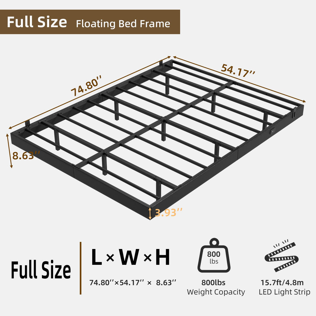 Black Floating Upholstered Platform Bed Frame Full Size with LED Lights and Charging Station N6280