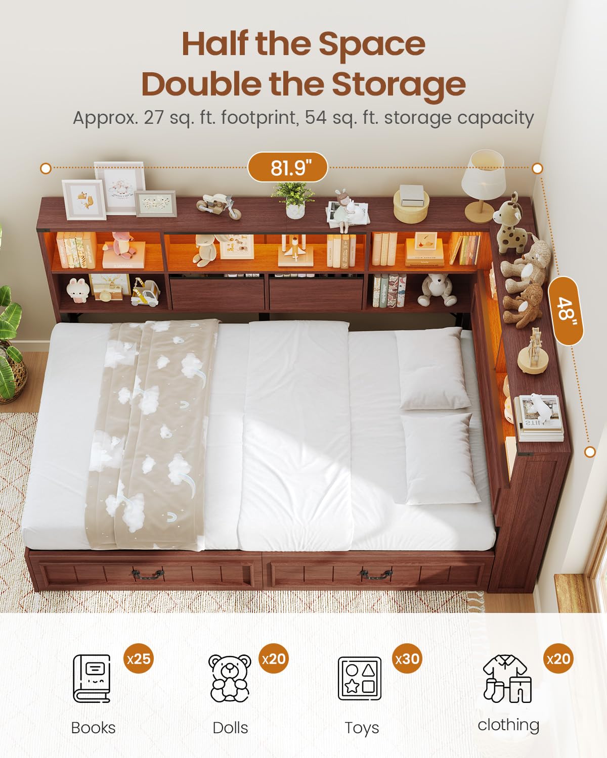 Twin Corner Bed Frame with Storage Drawers and Bookcase U644276