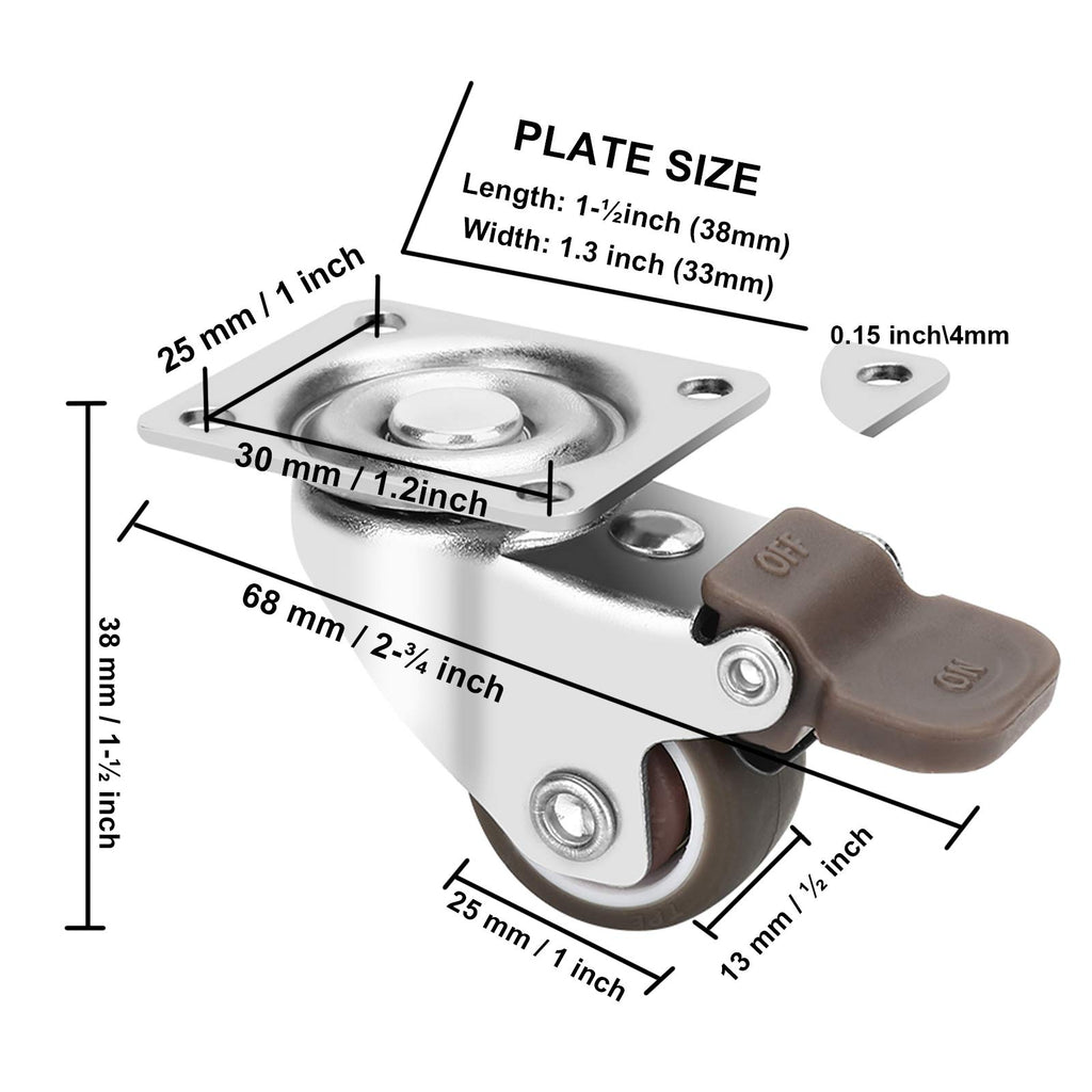 1 Inch TPE Rubber Swivel Caster Wheels Set of 4 with Brakes U78980