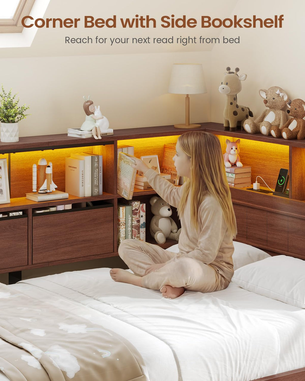 Twin Corner Bed Frame with Storage Drawers and Bookcase U644276