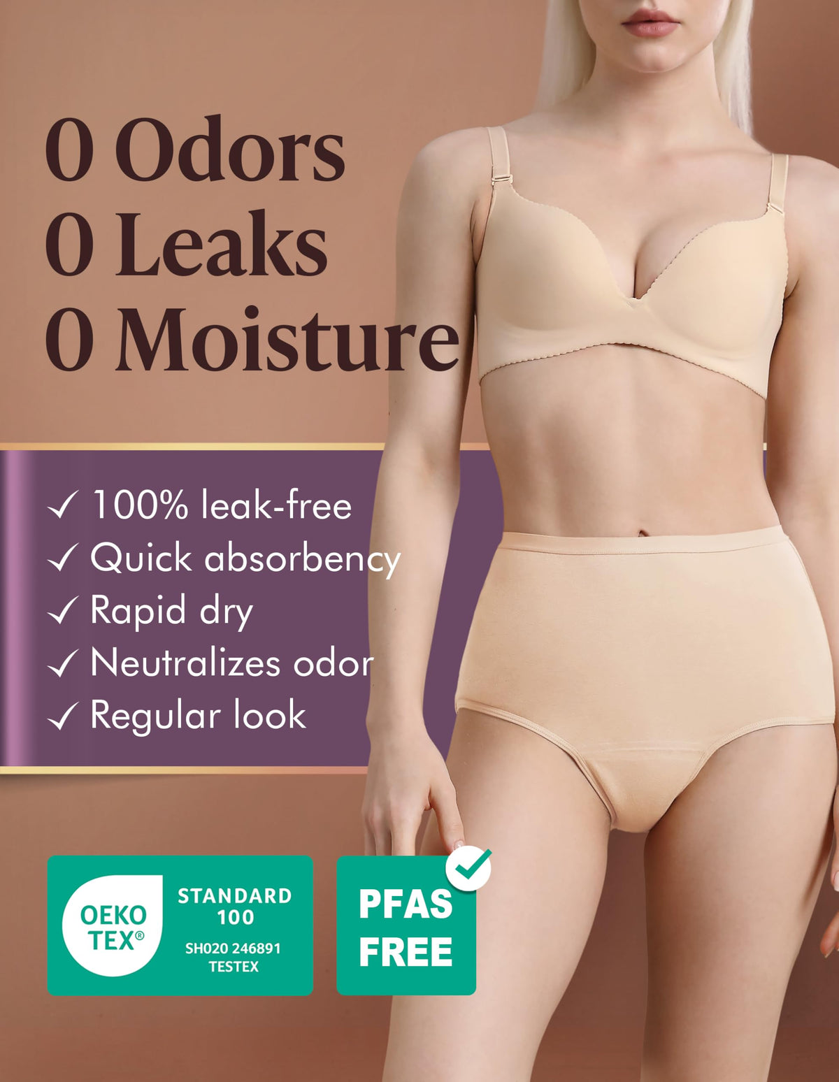 Washable Absorbency Urinary Incontinence Underwear for Women High Waist Leak Proof Panties 60ML, 3 Pack Beige White N6190