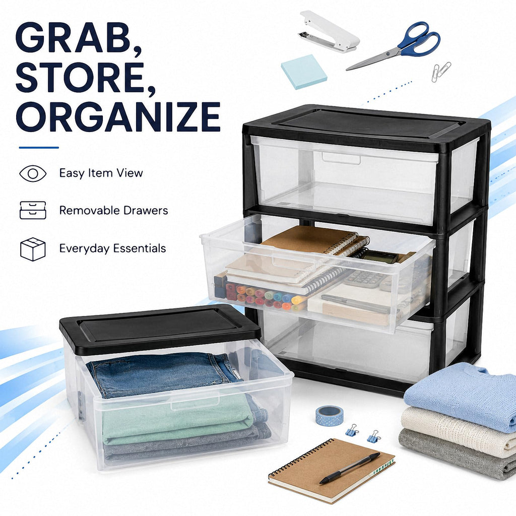 Black 3 Drawer Plastic Storage Tower X3900