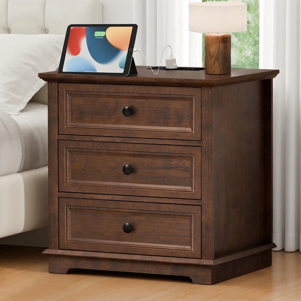 Cherry 3 Drawer Wood Nightstand with Charging Station K627