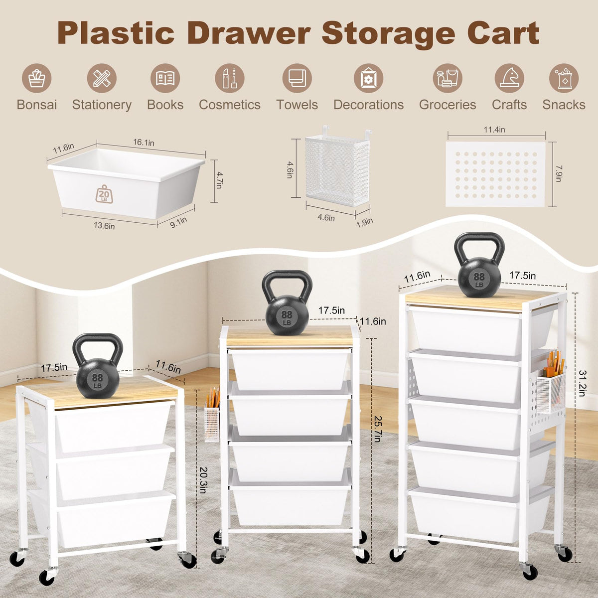 Rolling Storage Cart with 5 Plastic Drawers and Wooden Tabletop E919