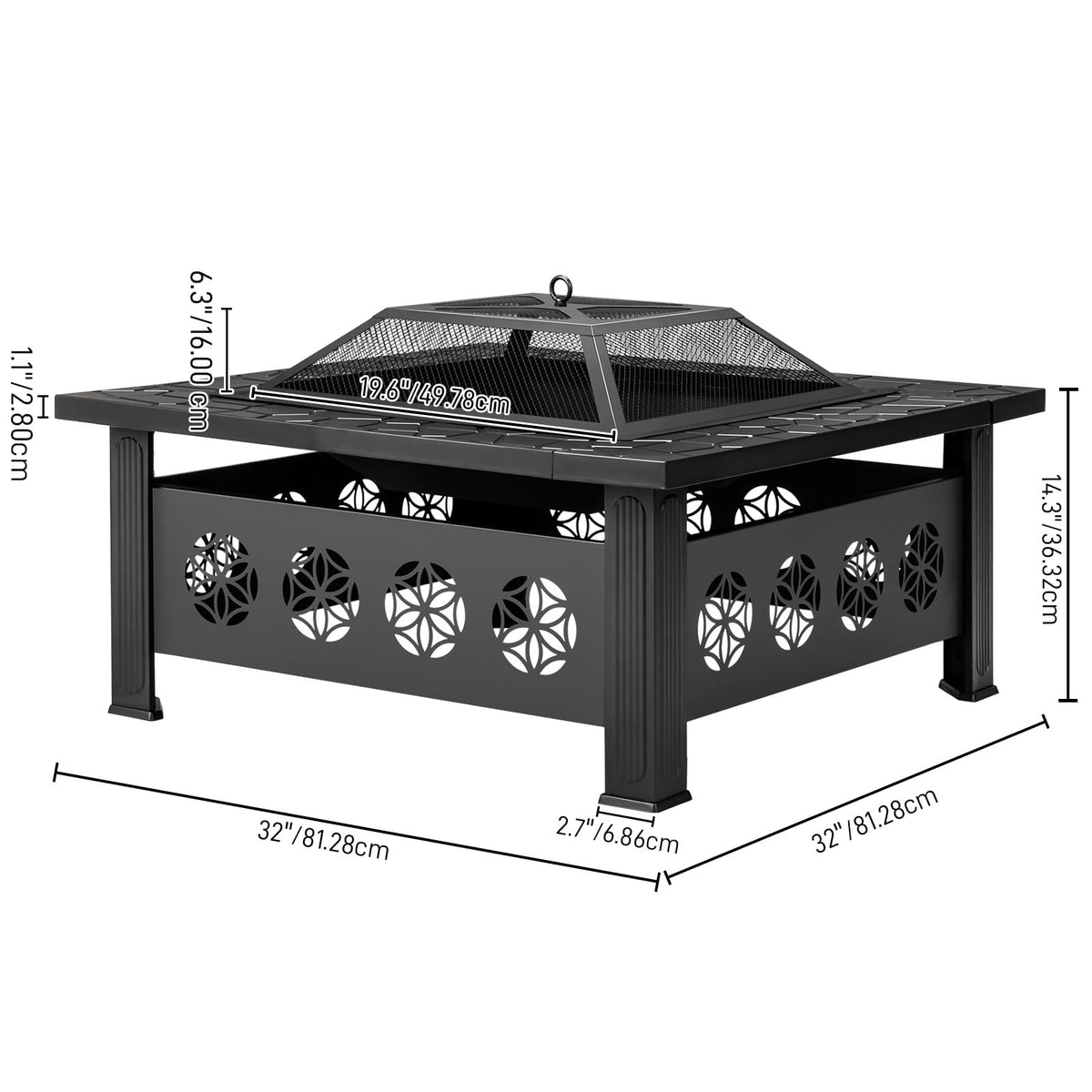 32 Inch Square Wood Burning Fire Pit Table with Spark Screen Lid and Fire Poker Y24733
