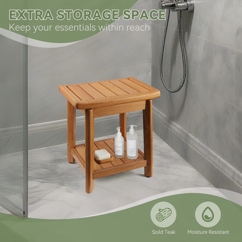 Teak Shower Bench with Towel Bars & Storage Shelf J492