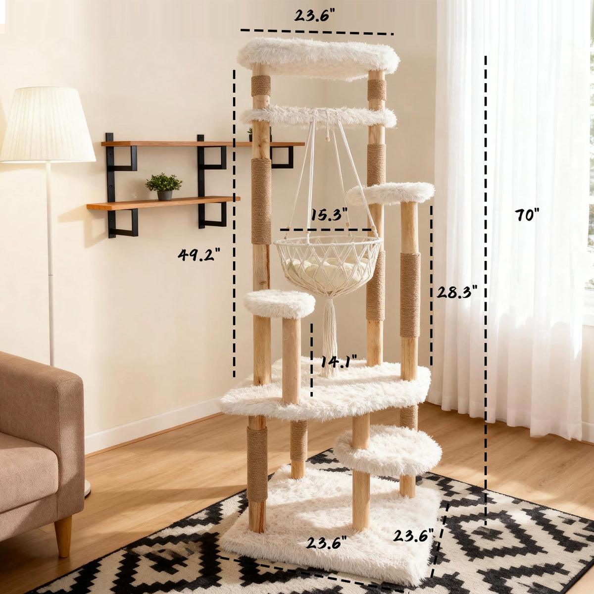 70" Tall Natural Solid Wooden Cat Tree Tower with Scratch Posts M978
