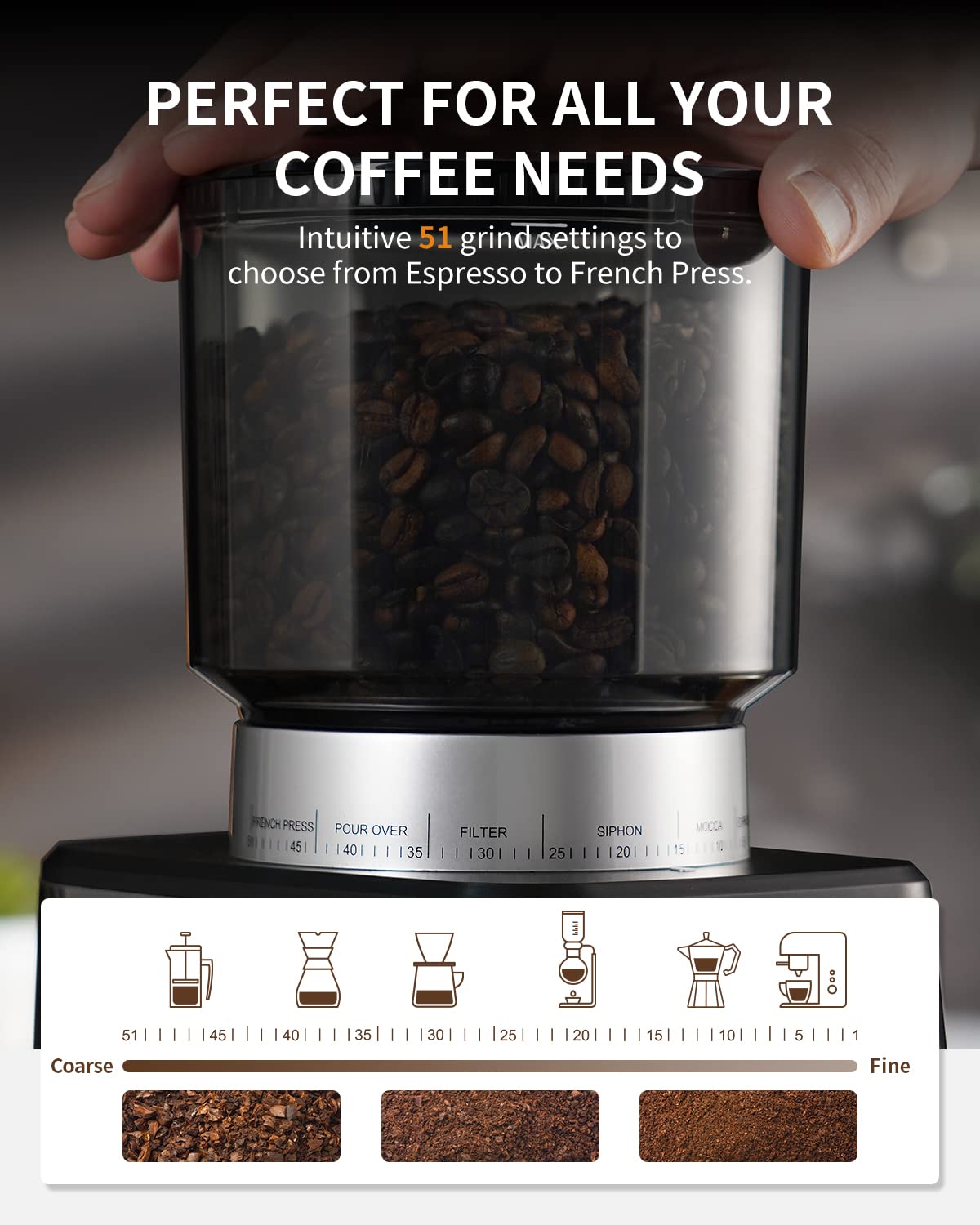 Electric Conical Burr Coffee Grinder with Timer H764