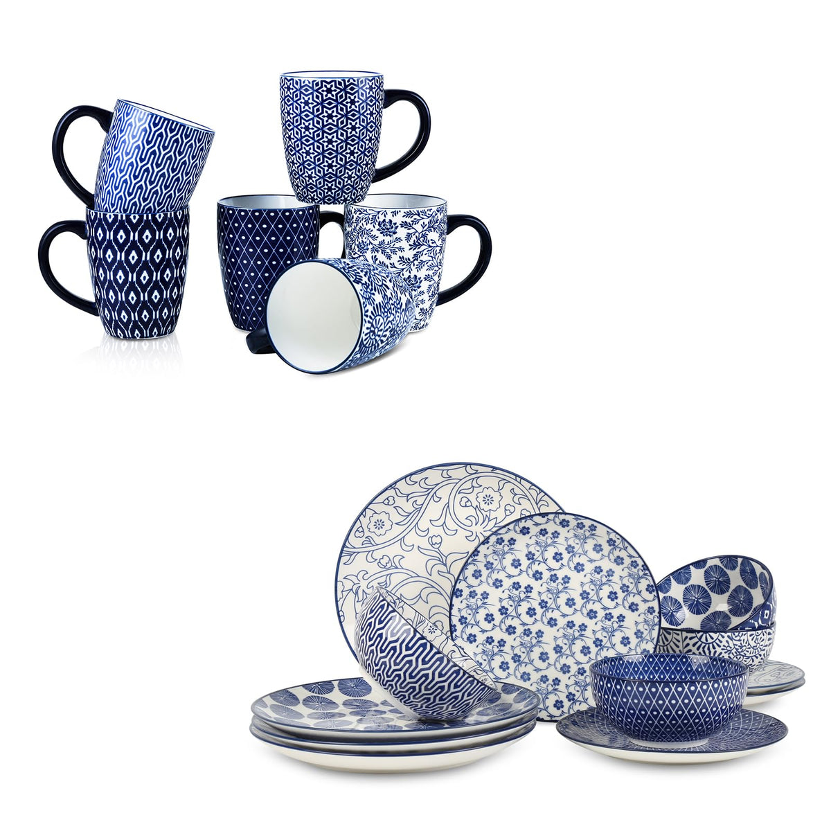 Ceramic Coffee Mugs Set 16 oz + Dinnerware Sets 12-Pieces N6671