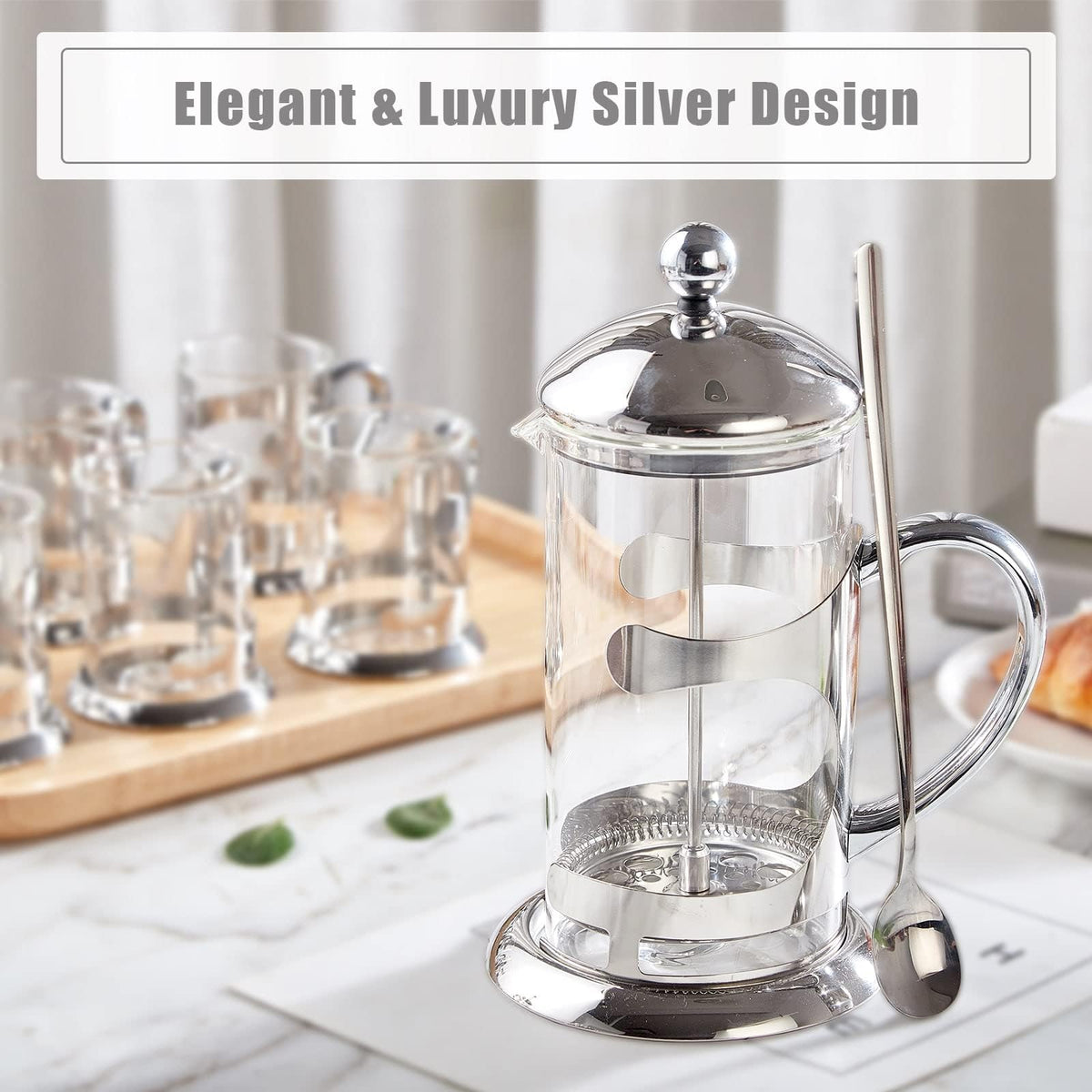 Silver 34oz French Press Coffee Maker with 4-Level Filter System X644