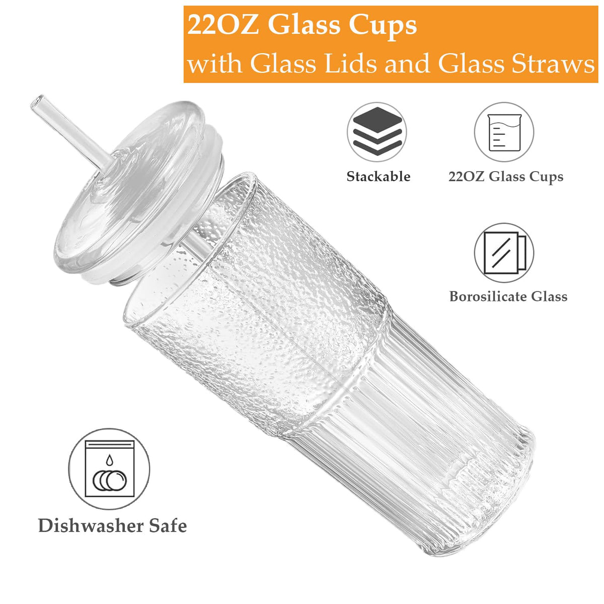 2Pcs 22oz Glass Cups with Lids and Straws J360274