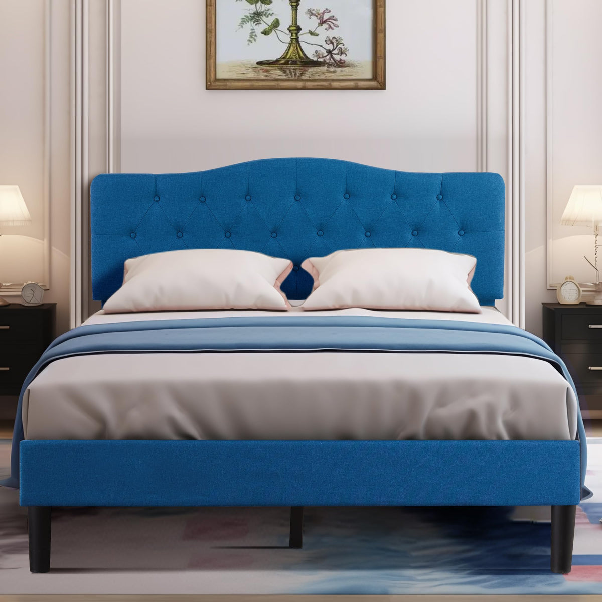 Full Size Upholstered Platform Bed Frame with Tufted Adjustable Headboard K7583