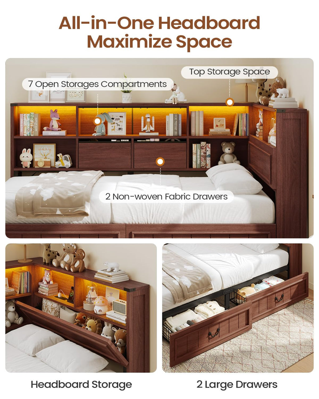 Twin Corner Bed Frame with Storage Drawers and Bookcase U644276
