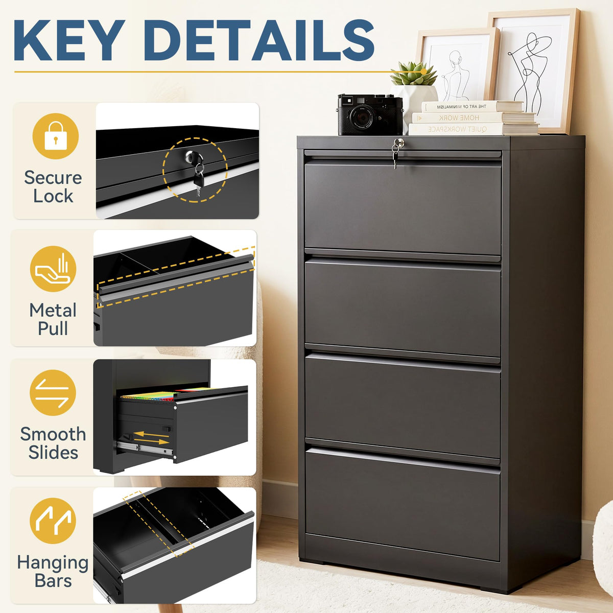 4 Drawer Black Metal File Cabinet with Lock X26168