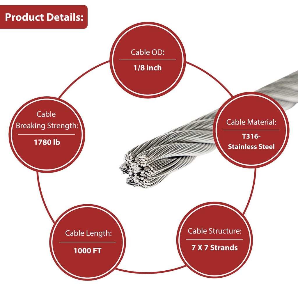 1/8 T316 Stainless Steel Cable 1000FT O269878