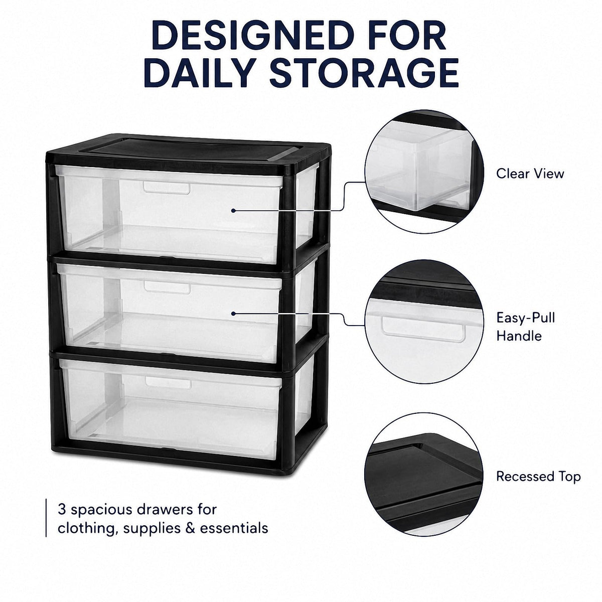 Black 3 Drawer Plastic Storage Tower X3900