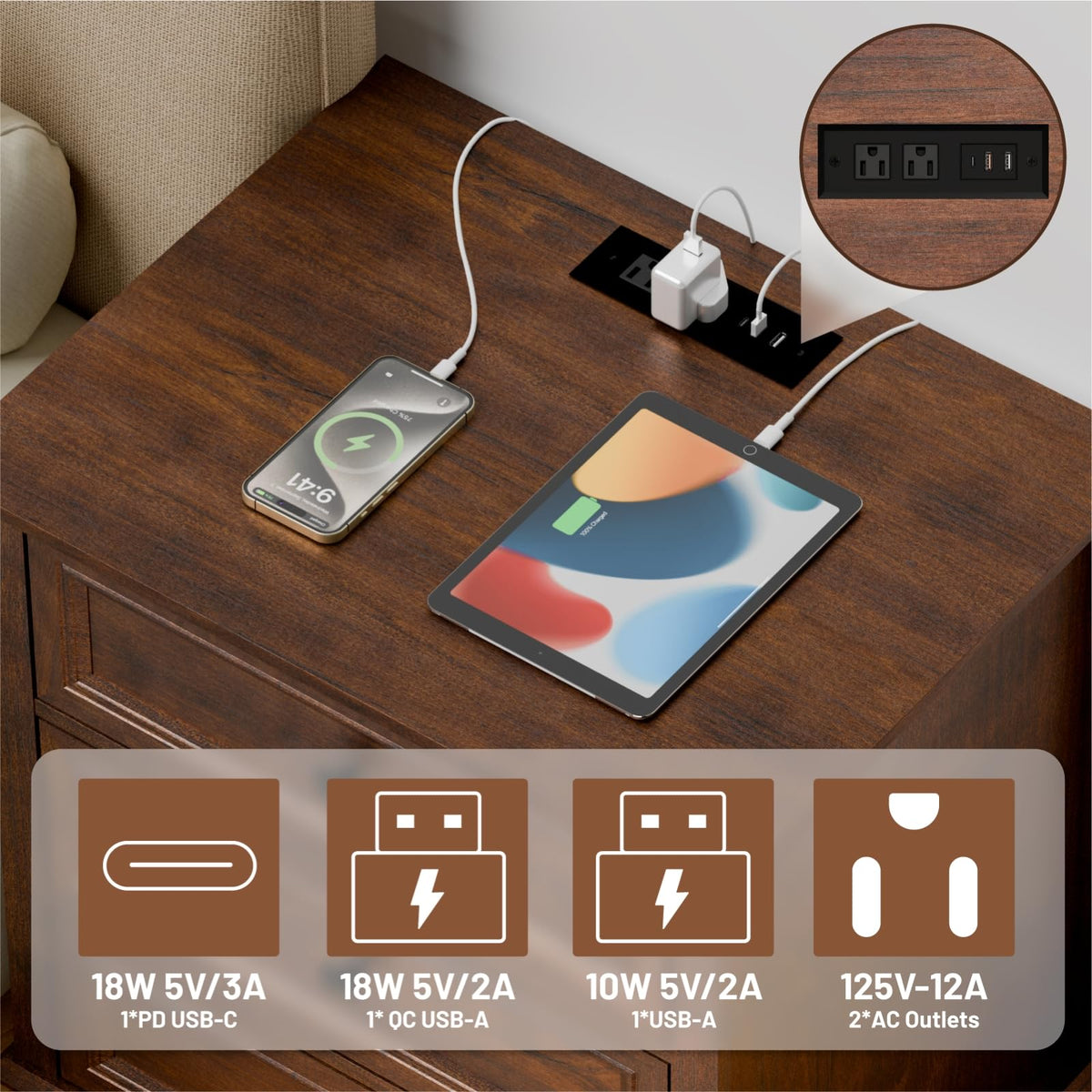 Cherry 3 Drawer Wood Nightstand with Charging Station K627
