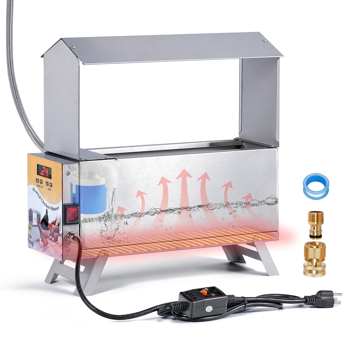 Heated 2 Gallon Stainless Steel Chicken Waterer I729