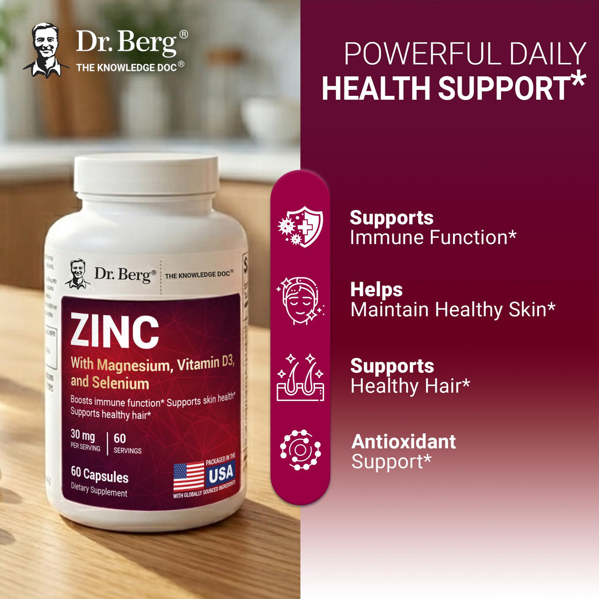 Zinc 30 mg 60 Capsules Chelated with Vitamin D & Selenium H35078