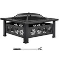 32 Inch Square Wood Burning Fire Pit Table with Spark Screen Lid and Fire Poker Y24733