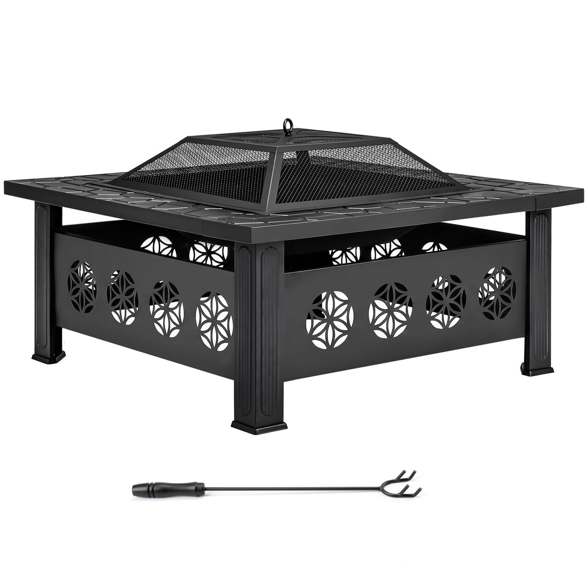 32 Inch Square Wood Burning Fire Pit Table with Spark Screen Lid and Fire Poker Y24733
