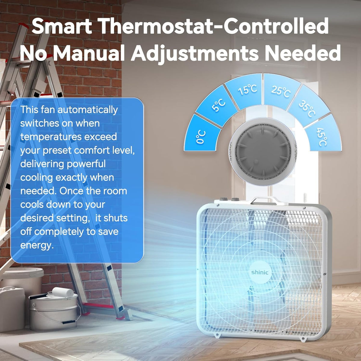 20” Box Fan with Thermostat, 3-Speed Portable Floor Fan, White O7271