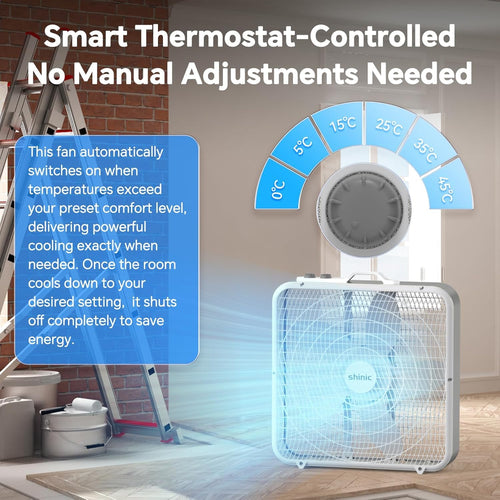 20” Box Fan with Thermostat, 3-Speed Portable Floor Fan, White O7271
