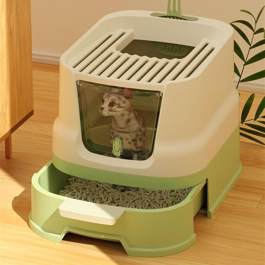 Cat Litter Box with Lid, Top Entry with Scoop, Enclosed Plastic with Drawer B2161