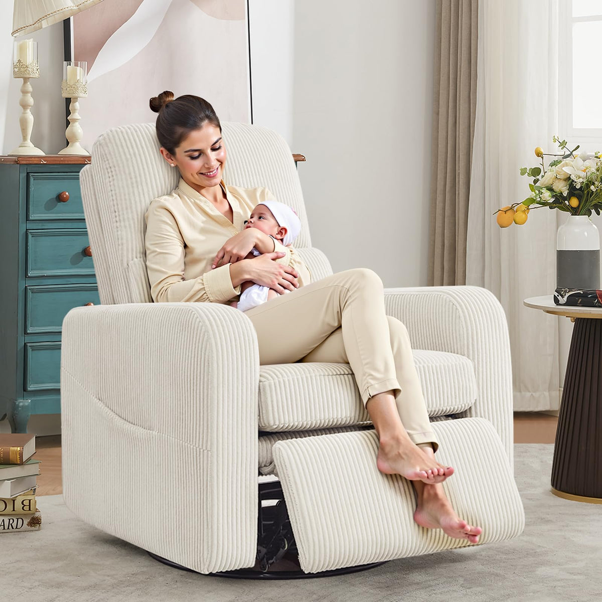 Oversized Corduroy Swivel Rocker Recliner Chair F717
